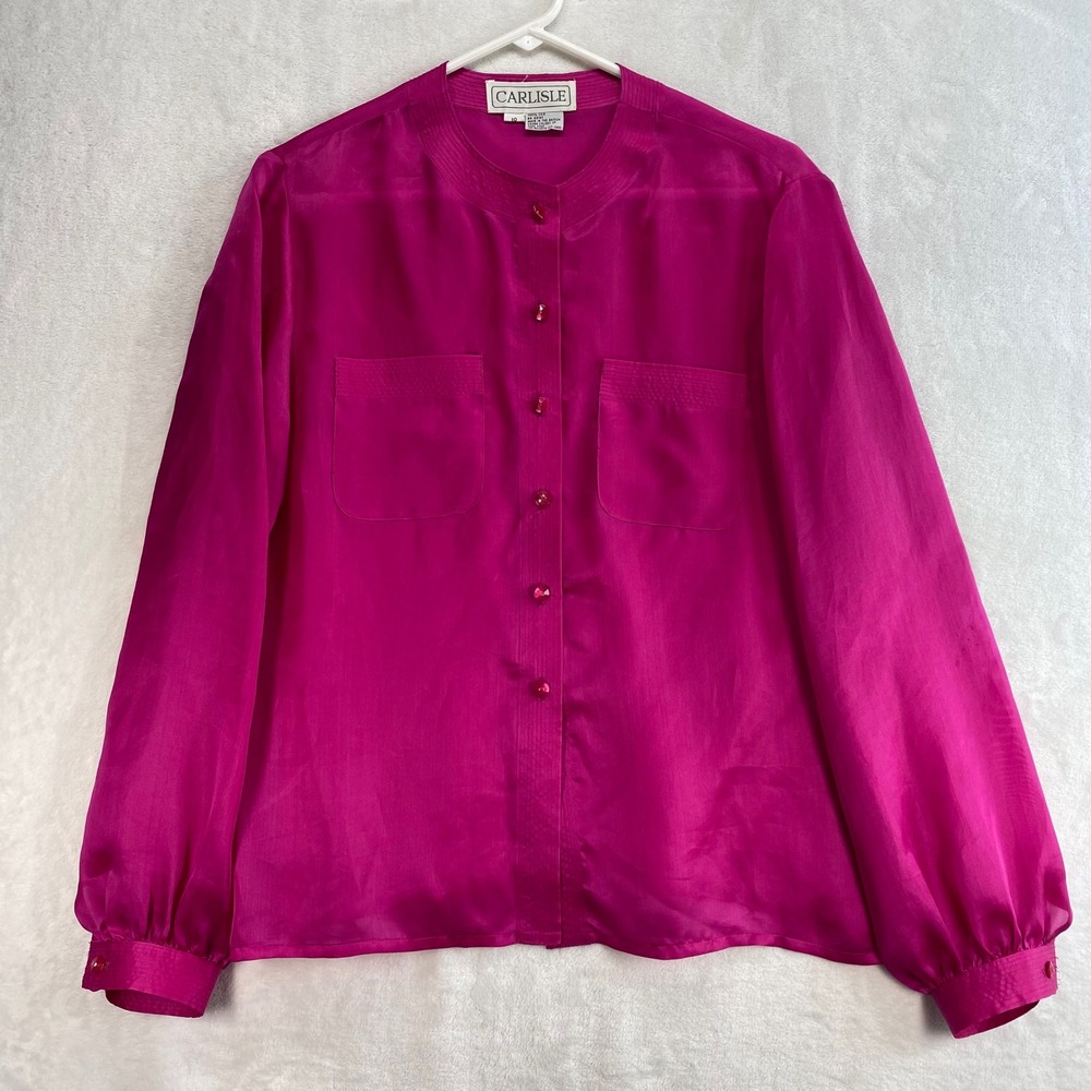 Carlisle Silk Blouse Top Long Sleeve Button Front Pockets Magenta Size‎ 10-flaw